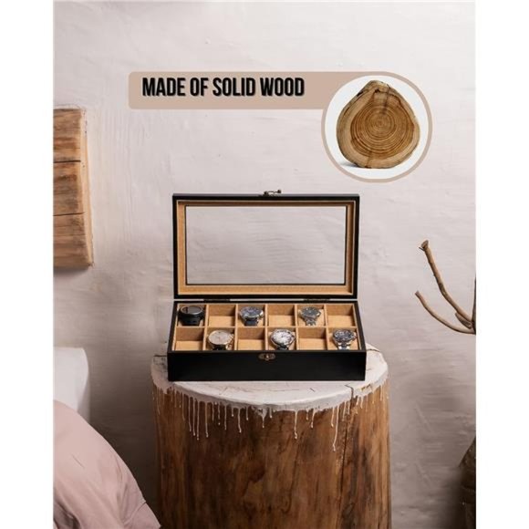 Watch Box, Watch Case for Men Women with Large Glass Lid, Wooden Watch Display - Picture 5 of 6